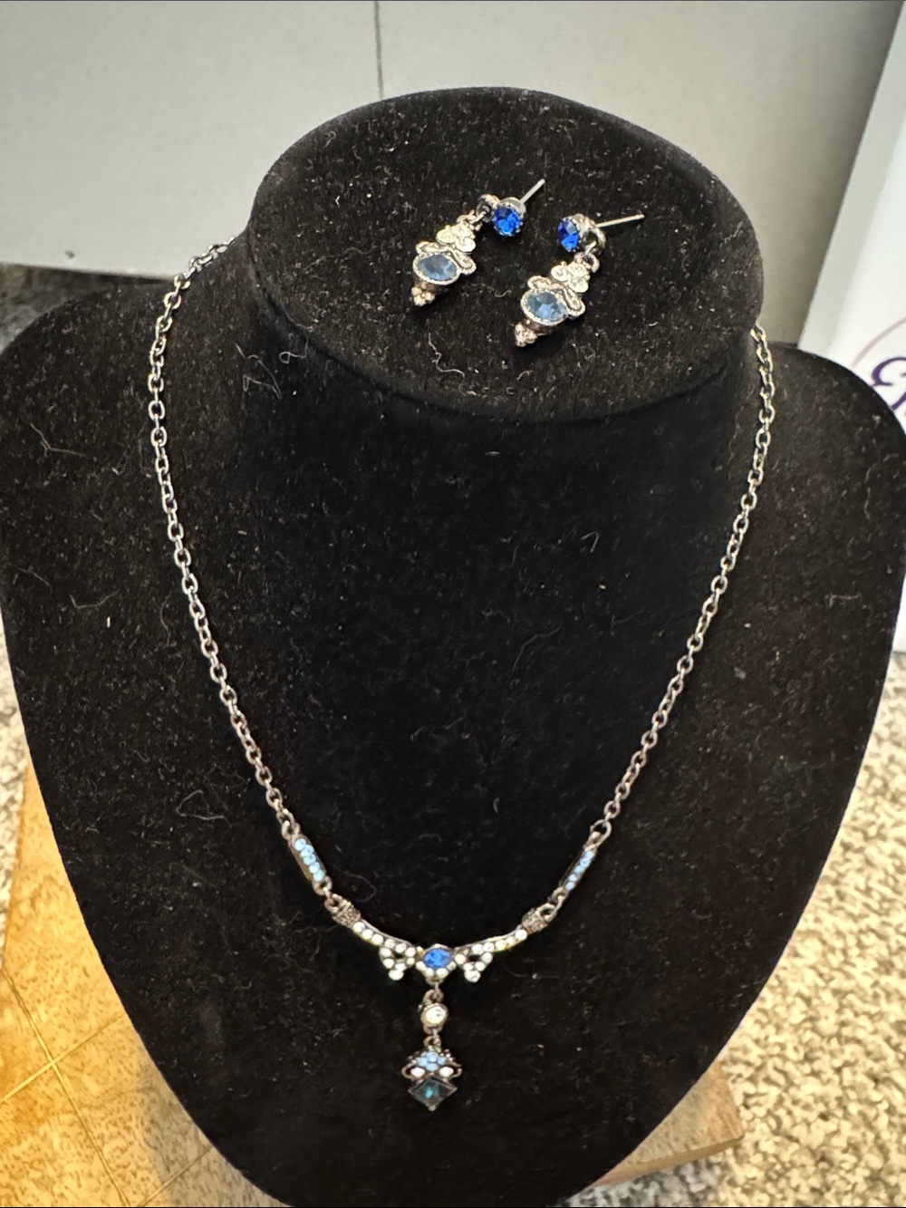 Cookie Lee Silver-Tone Blue Crystal Necklace with Matching Earrings